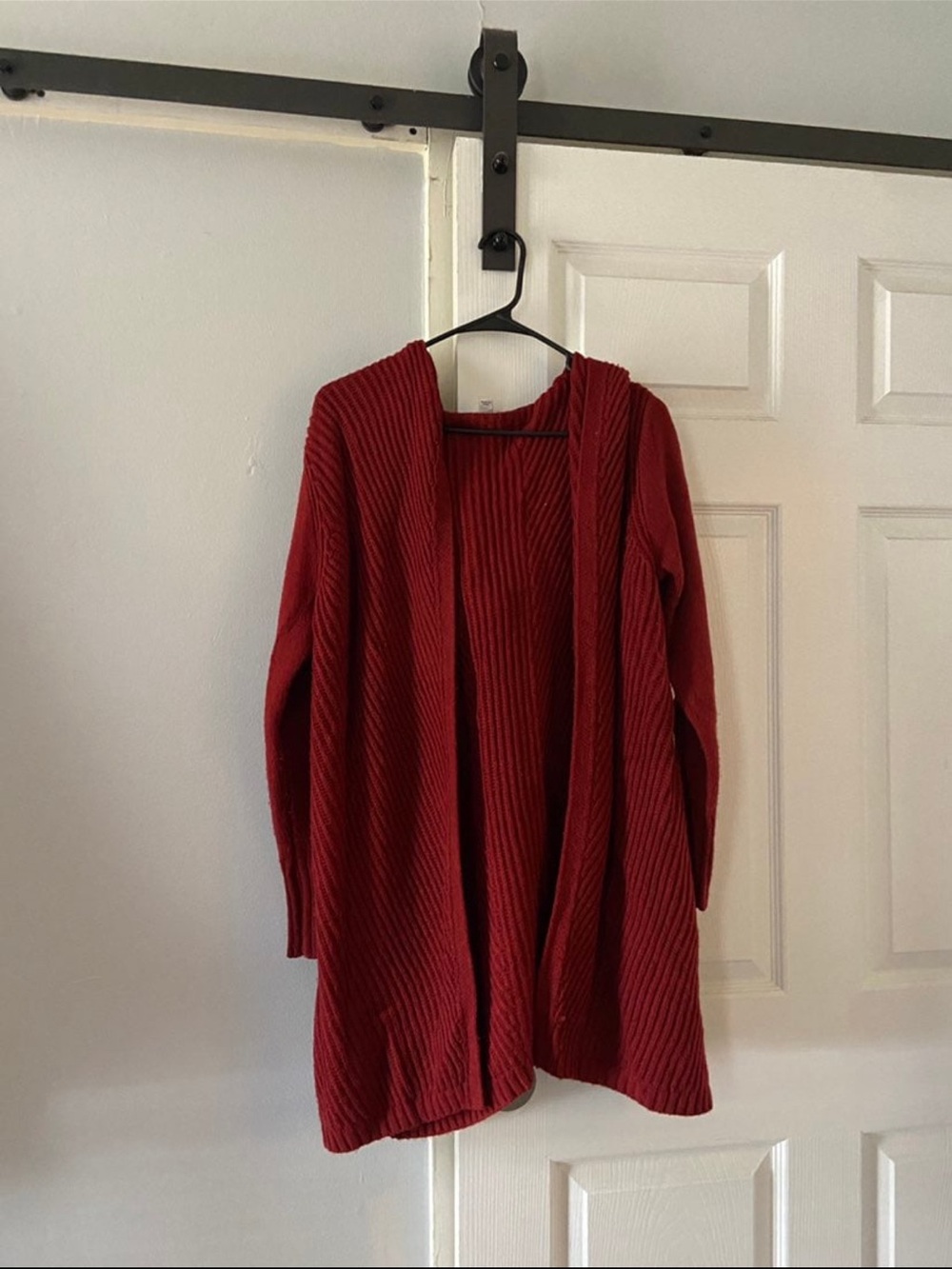 Red Open-Front Ribbed Women's Hooded Cardigan Sweater